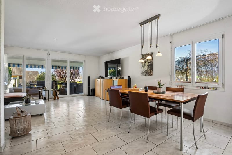 Spacious room with a dining table, chairs, and a plant. A cabinet with a TV and speakers is placed against the wall. A side table with a plant and a basket is near the wall.