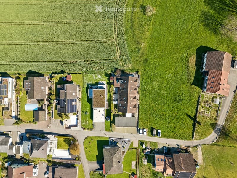 Aerial view of a residential area with several houses, some with solar panels, surrounded by green fields and a road.