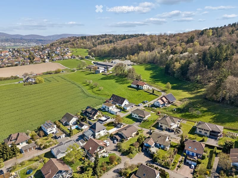 Aerial view of a residential area with houses, green fields, and trees.