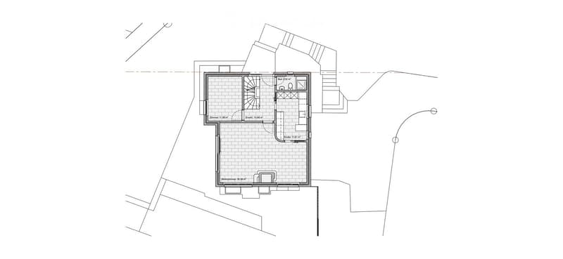 Floor plan showing a living room, kitchen, bedroom, bathroom, and hallway.