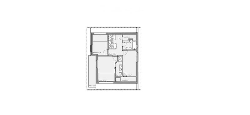 Floor plan of a 3-room apartment with a balcony, featuring two bedrooms, two bathrooms, and a hallway.