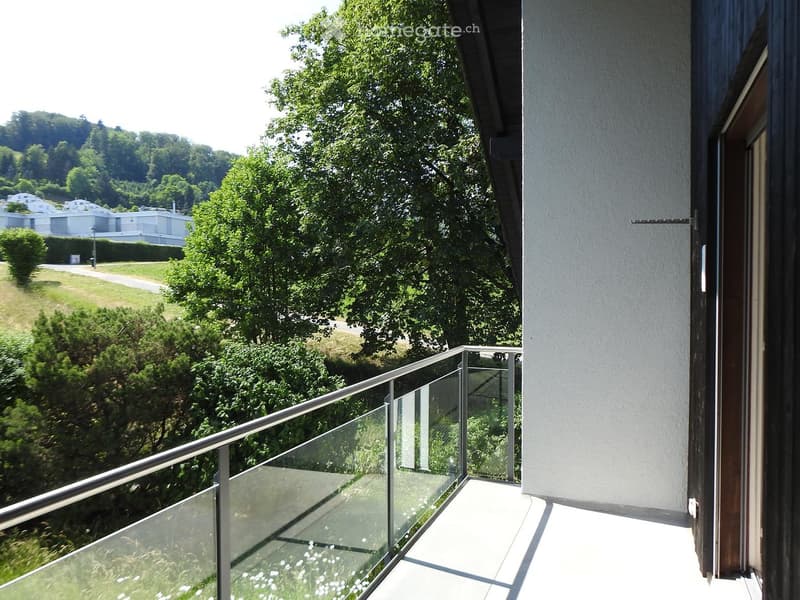 Balcony with glass railing, overlooking a green landscape with trees and a distant building.