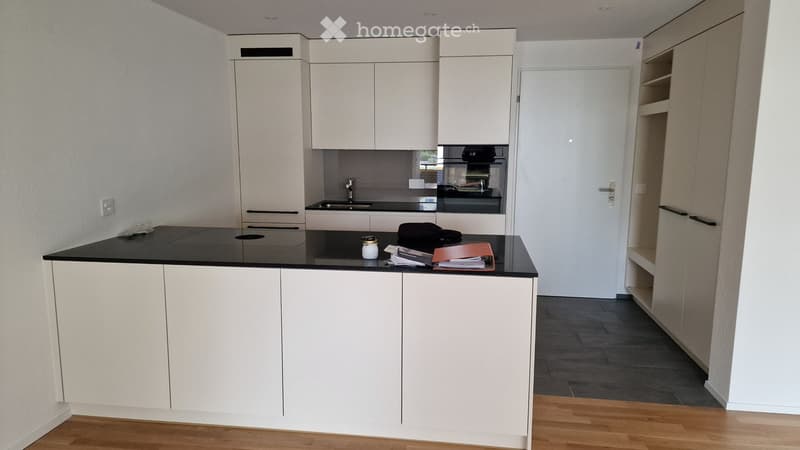 Modern kitchen with white cabinets, black countertop, stainless steel sink, and built-in oven. Wooden flooring and open shelving visible.