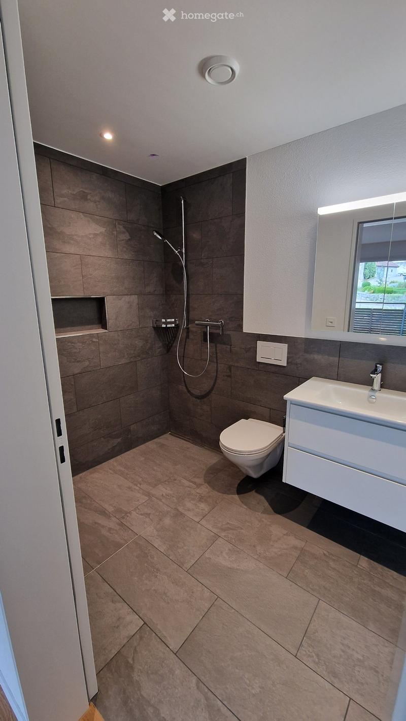 Modern bathroom with grey tiled walls, beige tiled floor, white toilet, white sink with chrome faucet, shower with handheld sprayer, and large mirror with built-in lighting.