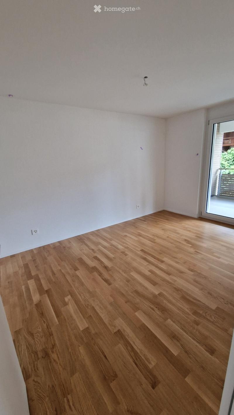 Empty room with light-colored walls and wooden flooring, featuring a large sliding glass door leading to an outdoor area.