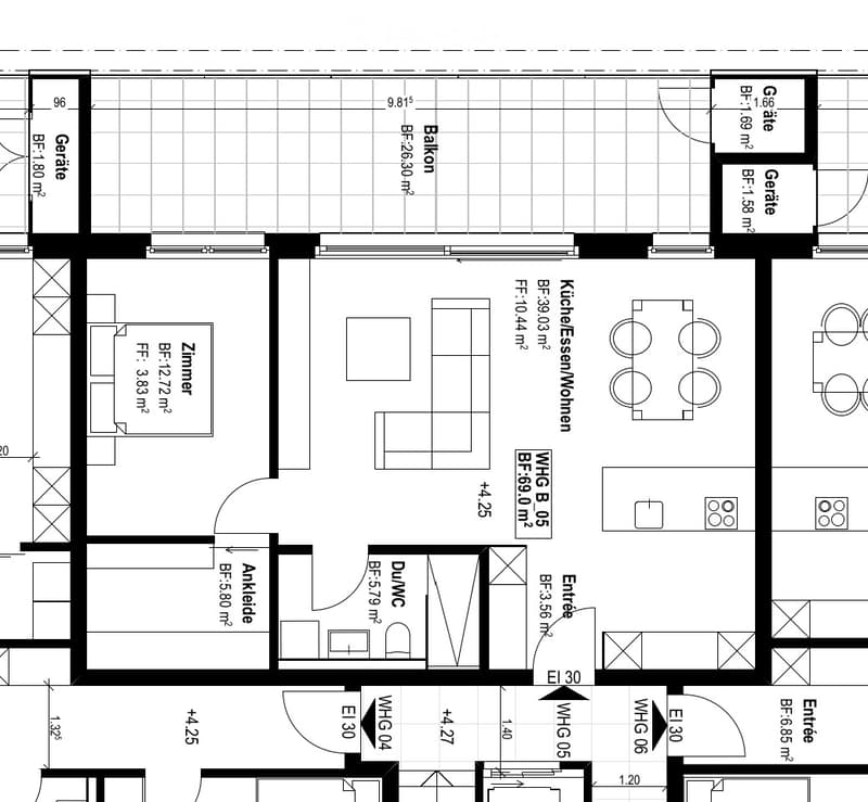 Entrance, living room, kitchen, dining room, 2 bedrooms, bathroom, balcony