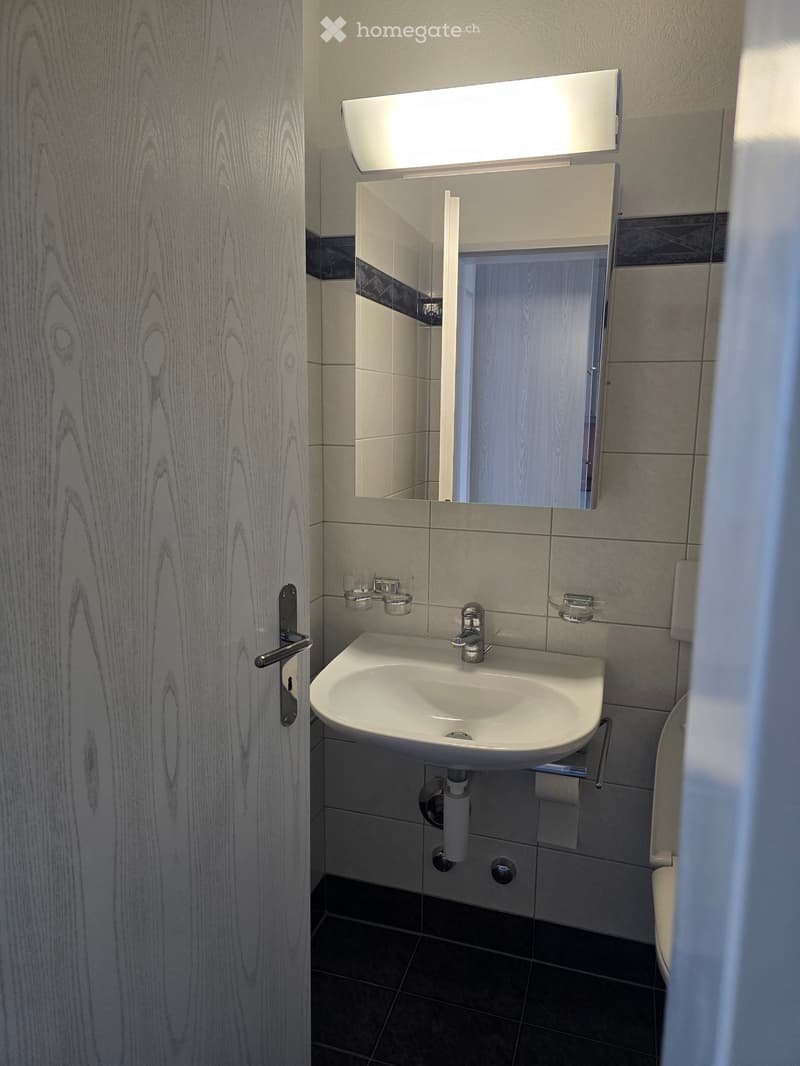 Modern bathroom with a white sink, chrome faucet, mirror with built-in lighting, and a toilet. The walls are tiled in neutral tones with a dark lower border.
