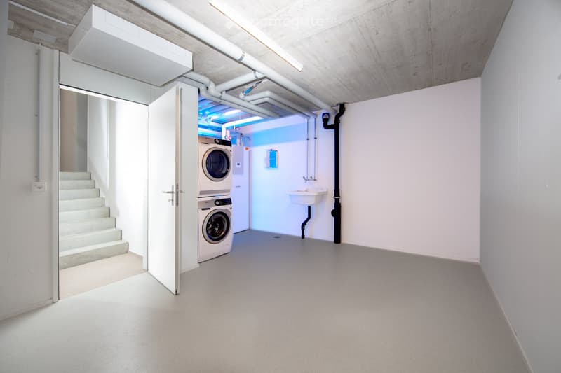 The image shows a utility room with a washer and dryer, a sink, and exposed pipes and ductwork on the ceiling. The room has a minimalist, industrial-style design with concrete walls and floors.