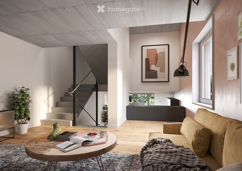 Modern living room with a light-colored sofa, wooden coffee table, potted plant, and artwork on the walls. The space features a staircase leading to an upper level and large windows allowing natural light.