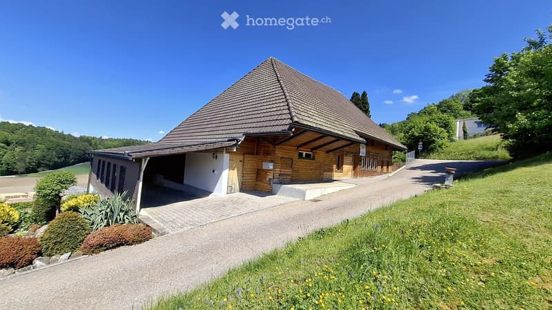 House. A modern wooden house with a distinctive conical roof, situated on a raised ground floor with a paved driveway and surrounding greenery.