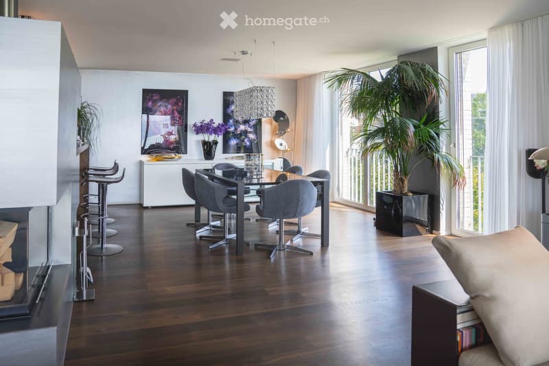 dining table, chairs, plant, white cabinet, fireplace, large windows, view
