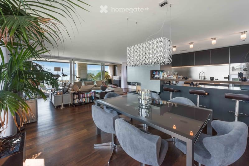 Furnished Room. Modern dining area with a glass table, gray chairs, and a chandelier. A couch and bookshelf are in the background, and a plant adds greenery.