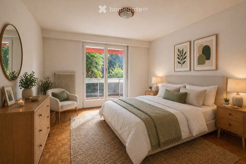 Cozy bedroom with a large bed, nightstands, a chair, a mirror, a small table, and decorative items including lamps, picture frames, and plants.