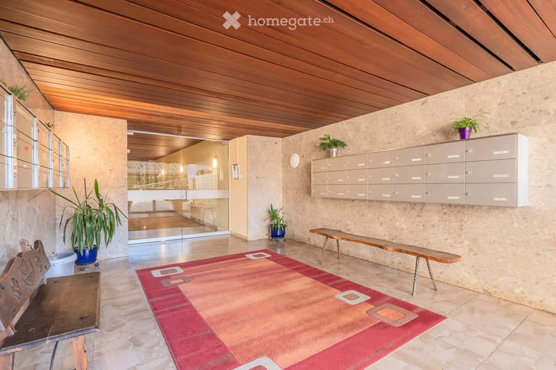A modern hallway with a wooden bench, potted plants, mailboxes, and a red patterned rug.