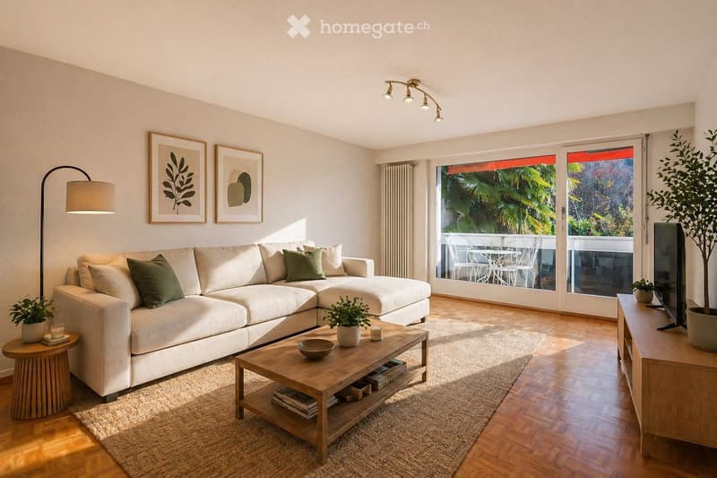 Modern living room with light-colored sectional sofa, wooden coffee table, side tables, floor lamp, and large windows opening to a balcony.