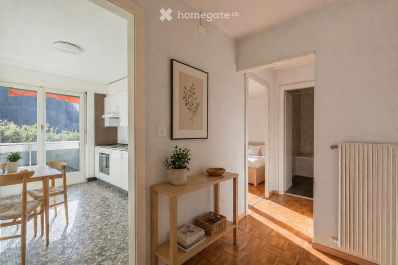 A modern, well-lit apartment with a small dining area, a kitchen, a hallway leading to a bedroom, and a radiator. The dining area features a wooden table, chairs, and a potted plant. The hallway has a small wooden table with a plant, books, and a basket.