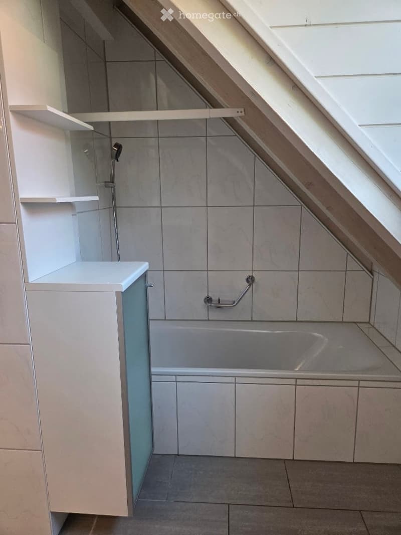 Small bathroom with white tiles, bathtub, shower, and a cabinet
