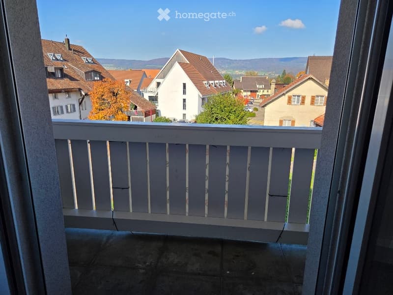 balcony with white railing, city view