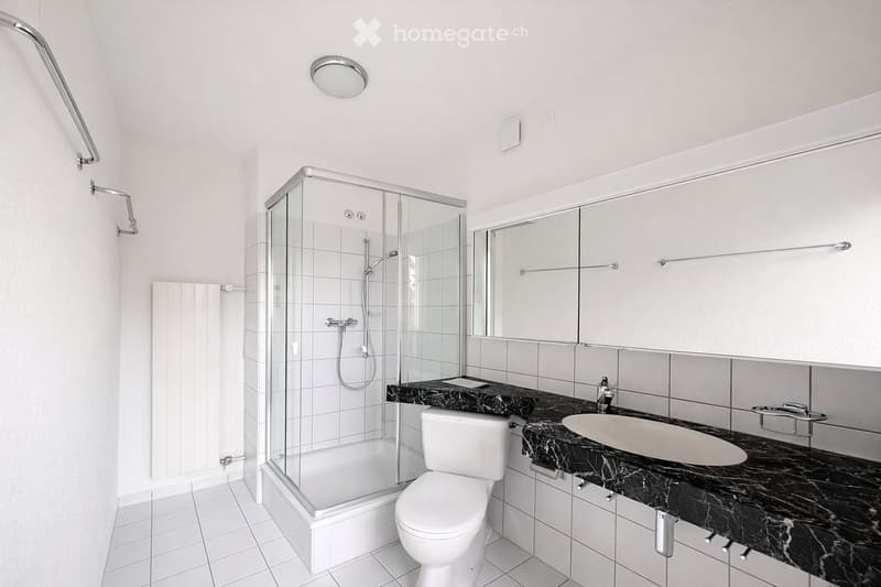 Modern bathroom with white tiles, a glass-enclosed shower, a toilet, a double sink with a black marble countertop, and built-in cabinets.