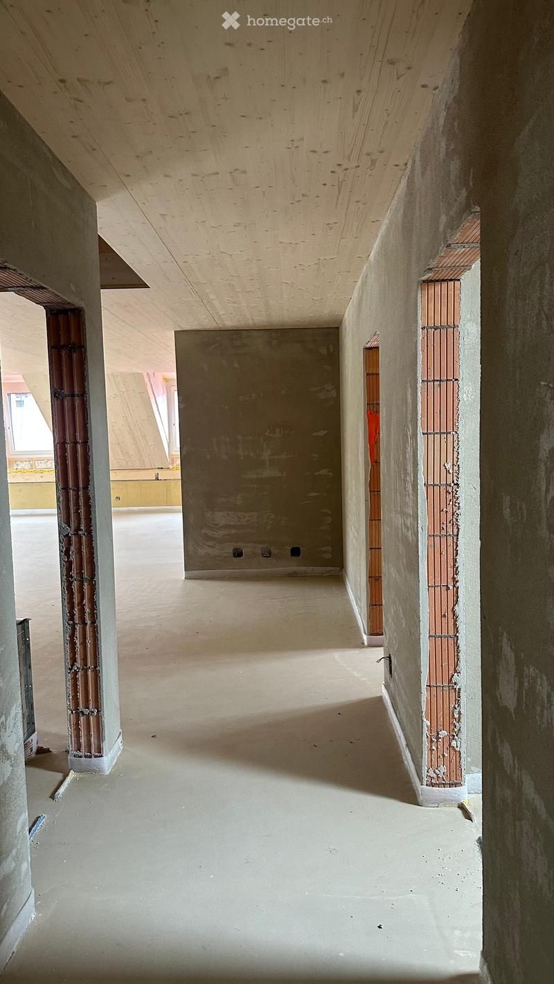 Empty hallway with unfinished walls and ceiling, exposed wooden beams, and a concrete floor. Natural light filters in from the left side.