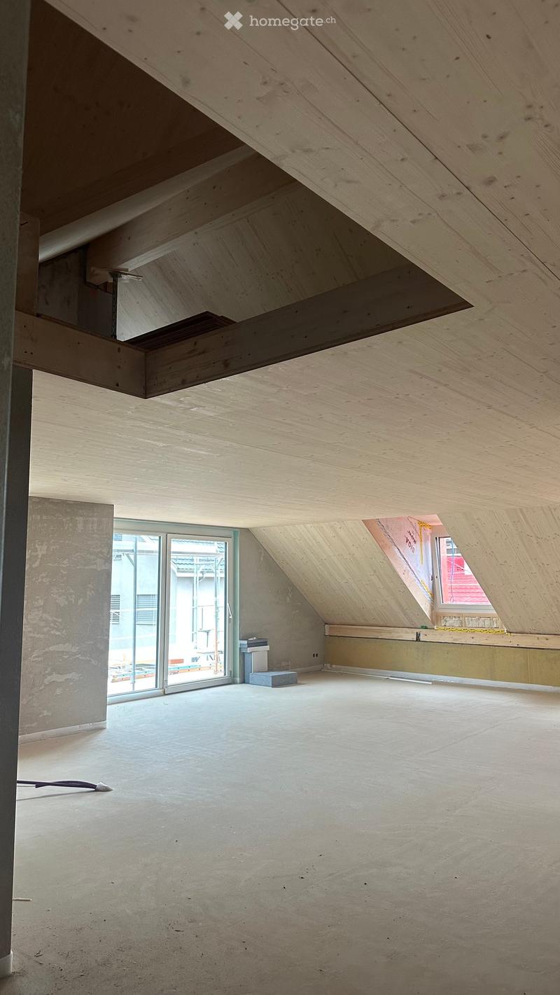 Empty attic space with wooden beams, concrete floor, and large skylight window. No furniture or equipment present.
