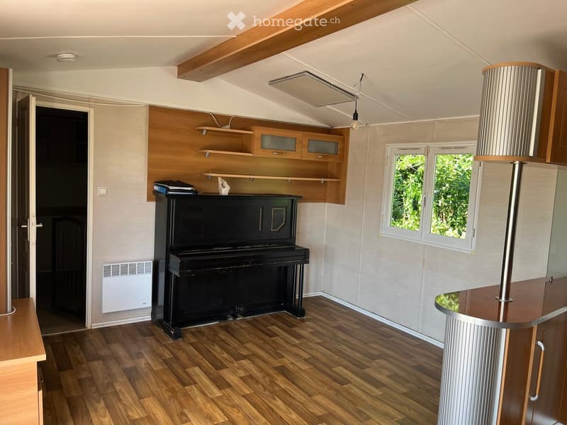 A cozy, well-lit room with wooden flooring, a black piano, wooden cabinets, shelves, a radiator, a round table with a tall lamp, and large windows showing greenery outside.