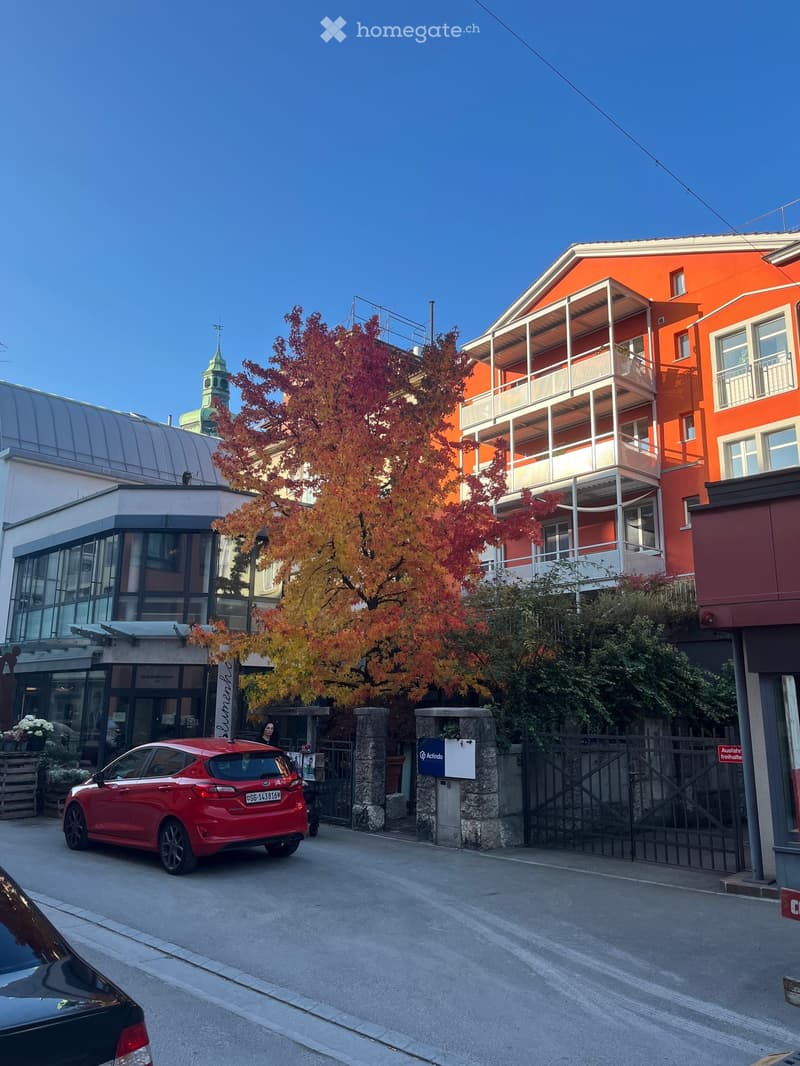 Building. A multi-story residential building with orange and white facades, balconies, and a tree in the foreground. A red car is parked on the street in front of the building.