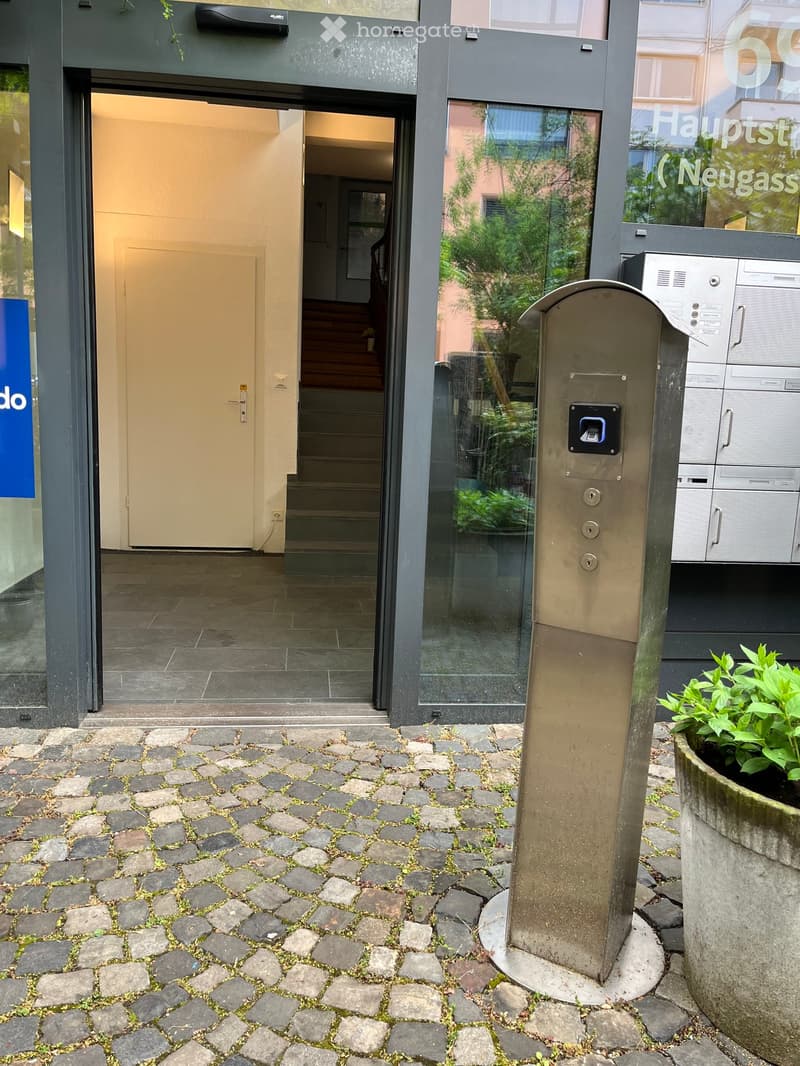 Building. Entrance to a modern building with a raised ground floor, featuring a staircase leading up, a glass door, and a mail box system.
