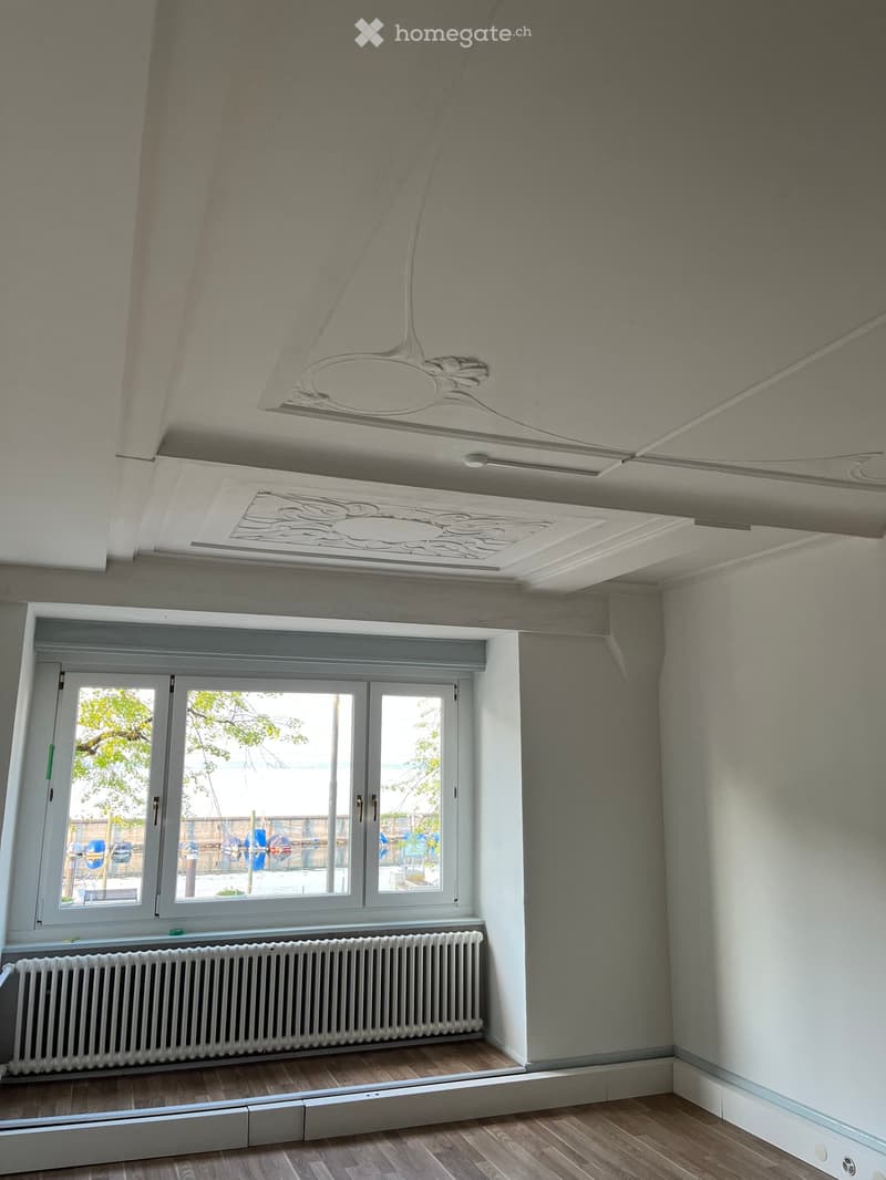 Unfurnished Room. Empty room with wooden flooring, white walls, large window with white frame, radiator, and decorative ceiling light fixture.