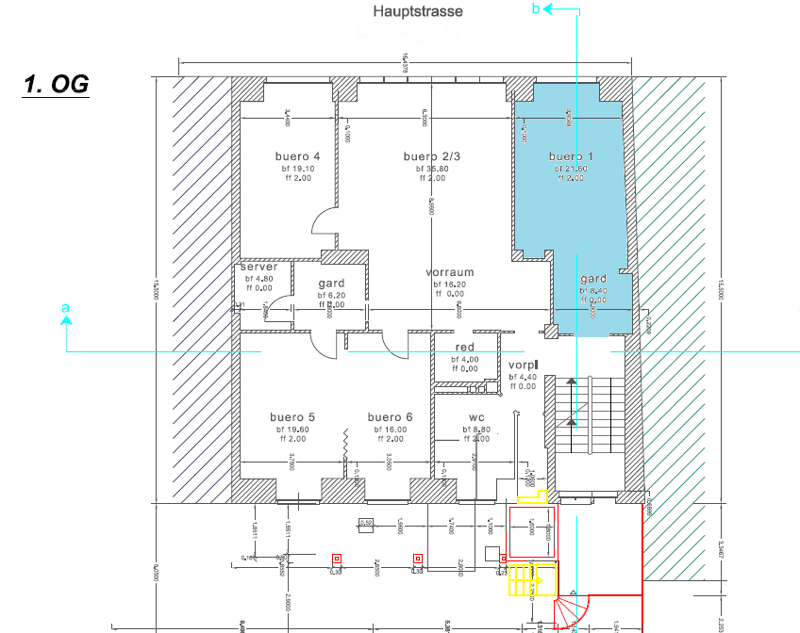 Floor Plan. Floor plan of the first floor (1. OG) showing multiple rooms including offices (buro 1-6), a server room, a reception area (vorraum), a WC, and a red room. Dimensions and floor levels are indicated.