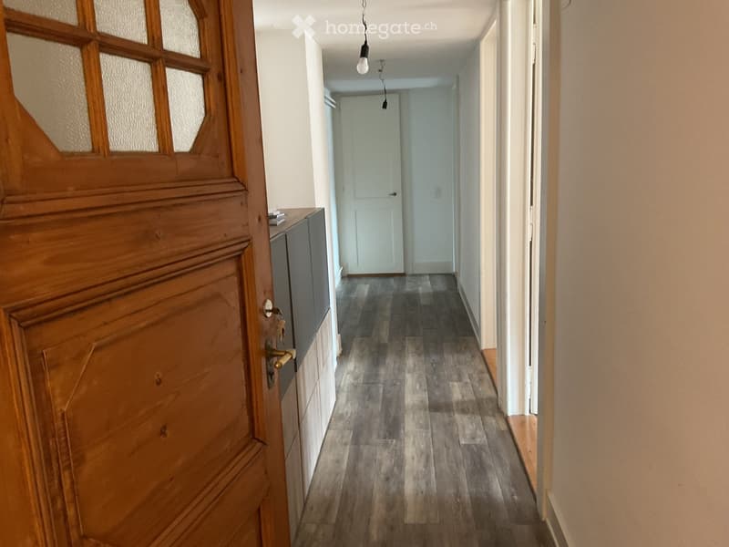 Corridor / Hallway. A narrow hallway with wooden flooring, white walls, and a wooden door with glass panels on the left. A small cabinet is visible next to the door, and a light fixture hangs from the ceiling.