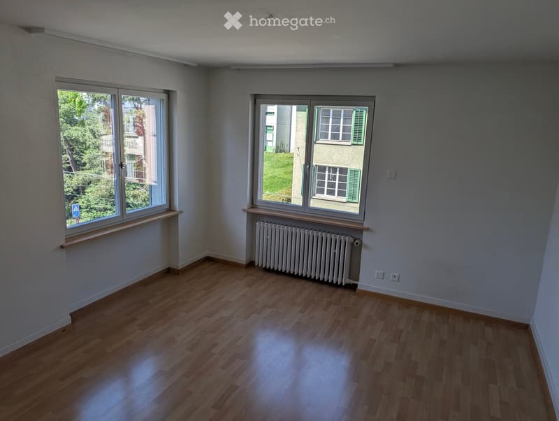 empty room, wooden floor, white walls, two windows, white radiator