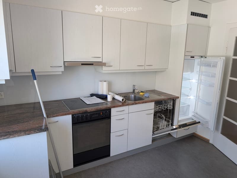 modern kitchen with white cabinets, granite countertop, dishwasher, washing machine, induction stove, sink, faucet, open refrigerator
