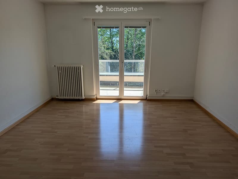 empty room, wooden floor, white walls, sliding glass doors, balcony, radiator, power outlets