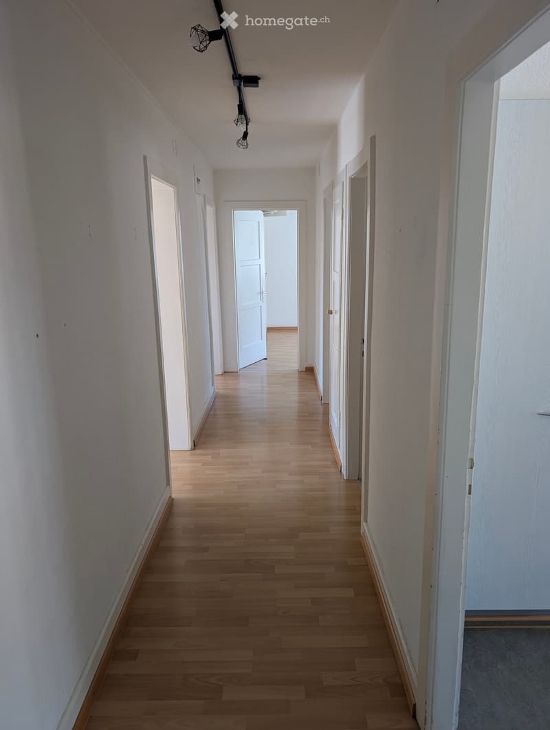 Empty hallway with wooden floors, white walls, and white doors.