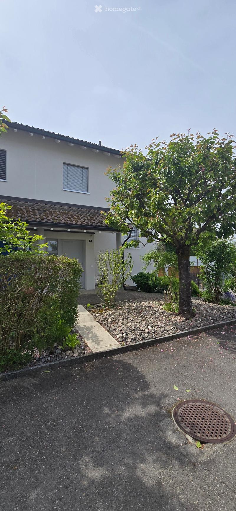 House. Single-story house with a tiled roof, white exterior, and small garden area with a tree and shrubs.