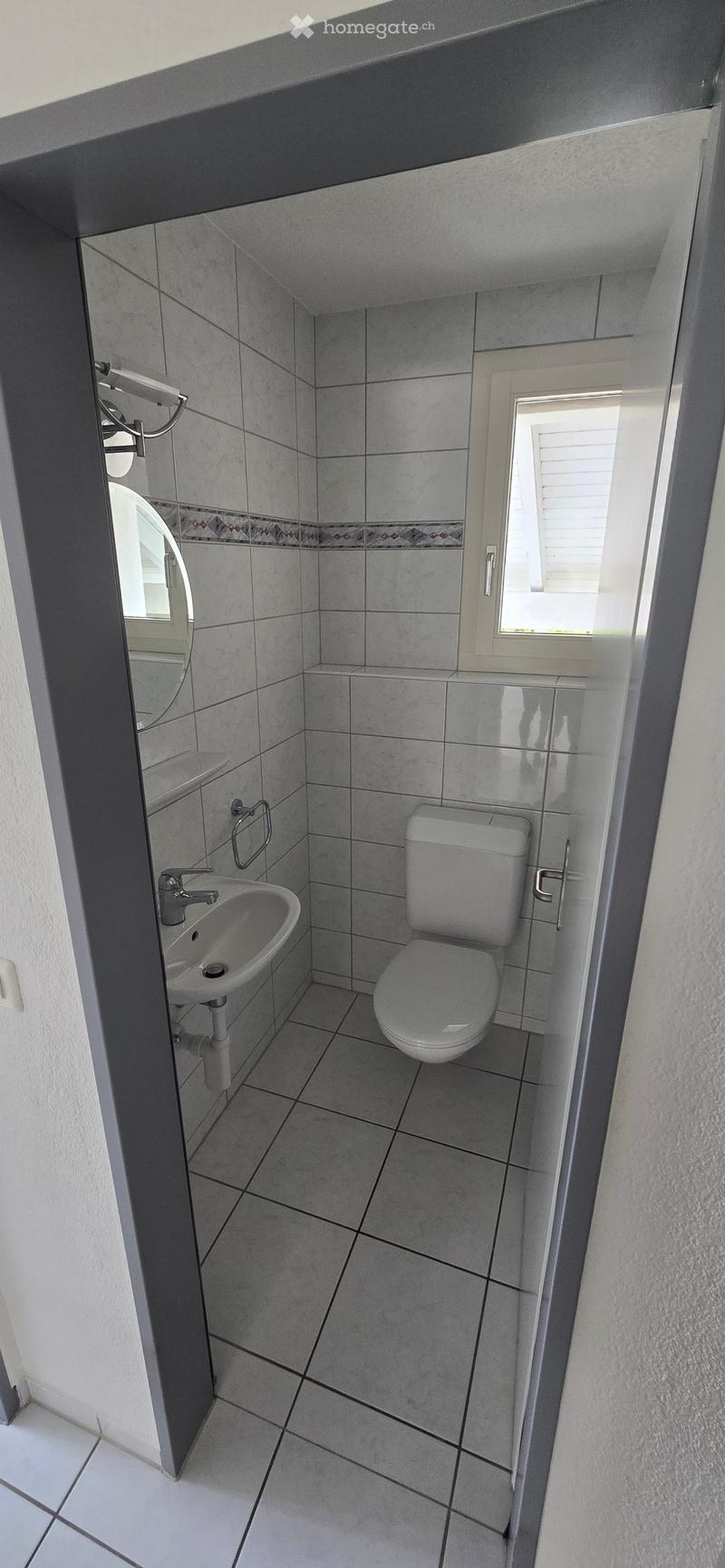 Bathroom. Small bathroom with grey tiled walls and floor, featuring a toilet, sink, and mirror.