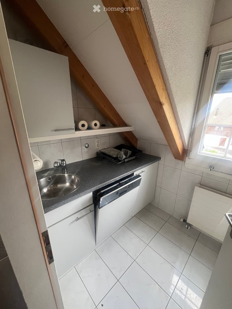 Compact kitchen with white cabinets, a stainless steel sink, a dishwasher, and a window offering a view of the outside.