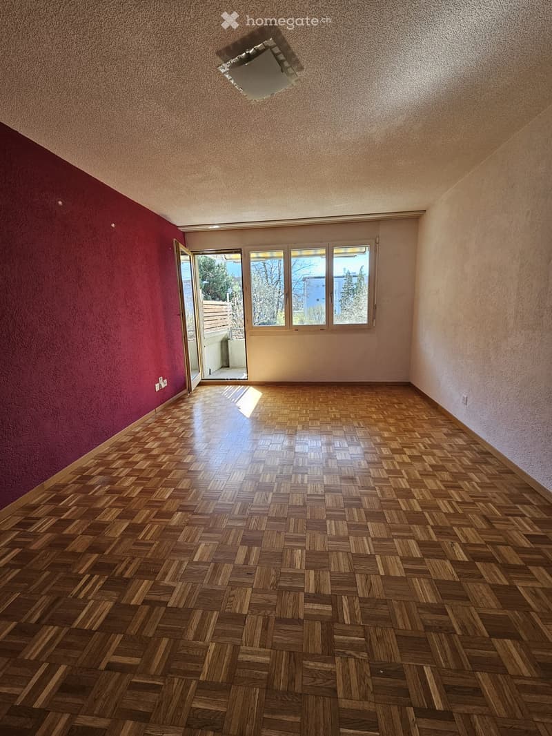 empty room, wooden parquet floor, red wall, white walls, glass door, balcony, windows