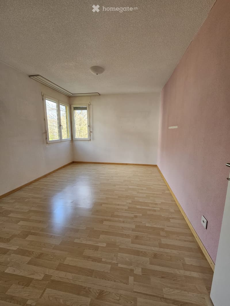 empty room, wooden floor, white walls, two windows, ceiling light