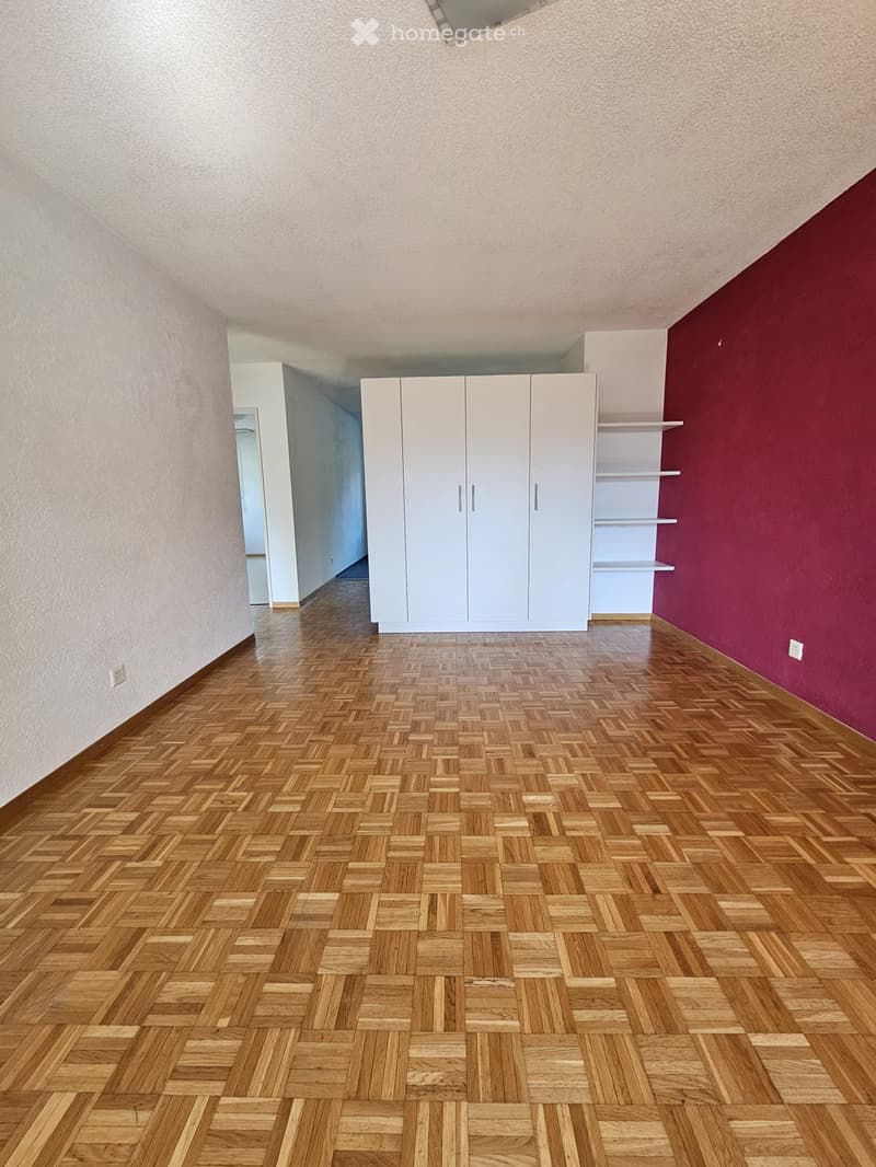 empty room, wooden parquet floor, white walls, white wardrobe, shelves, power outlets