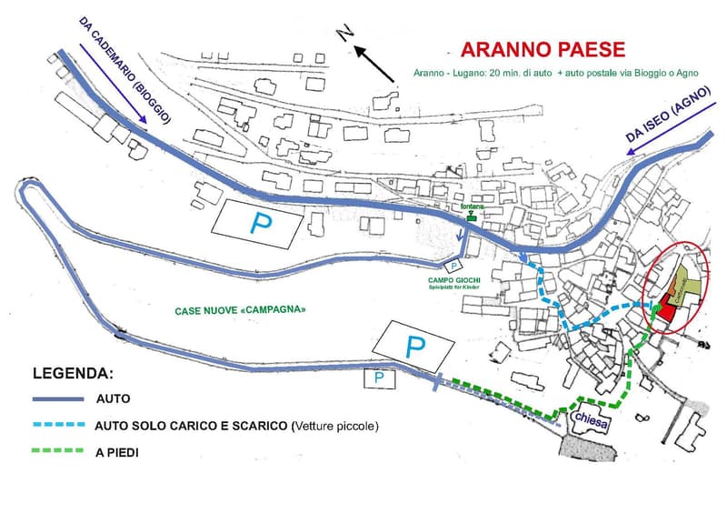 Urban layout of Aranno Paese with marked roads, open spaces, a playground, and a church; legend includes symbols for car routes and pedestrian paths.