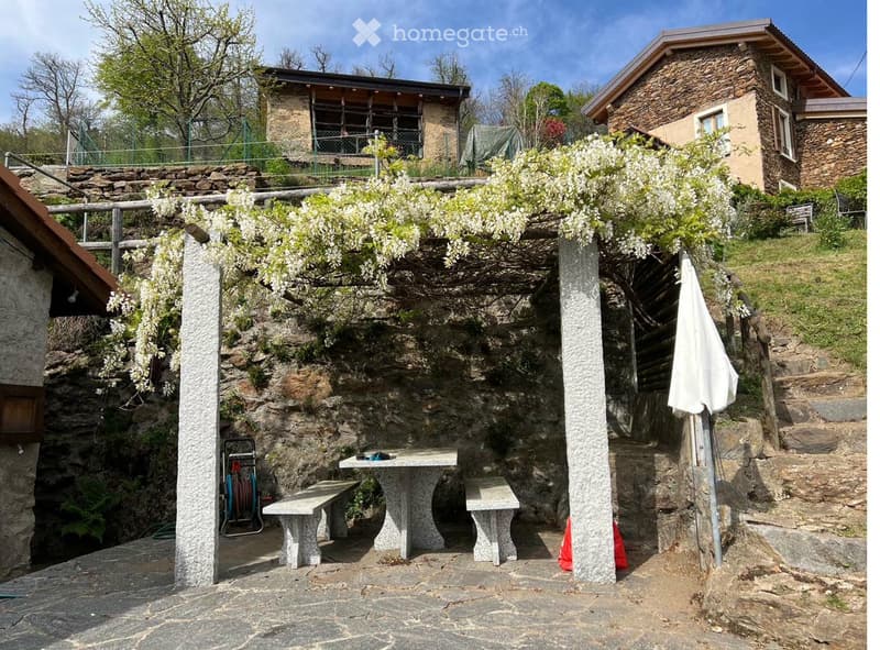 Garden / Outdoor Area. A stone patio with a table, benches, and an umbrella, surrounded by climbing flowers and greenery, with stone walls and steps leading up.