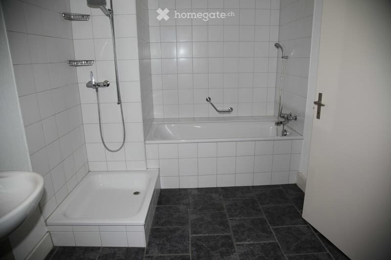 Bathroom with white tiled walls, two bathtubs, a sink, and a shower with a handheld sprayer. Includes a handrail for safety.