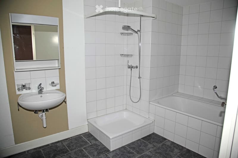 Modern bathroom with white tiled walls, a white sink with a mirror above it, a bathtub with a showerhead, and a towel rack.
