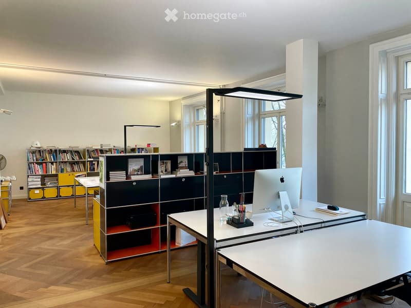 modern office with white desks, black shelves, wooden floor, large windows, ceiling lights, computer, books