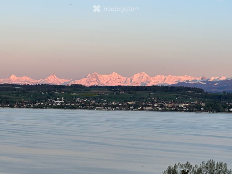 Garden / Outdoor Area. A serene lakeside view with snow-capped mountains in the background, calm water, and a small town along the shore.