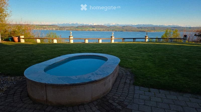 Garden / Outdoor Area. A serene garden with a kidney-shaped swimming pool, surrounded by a well-maintained lawn and a stone balustrade overlooking a lake and distant mountains.