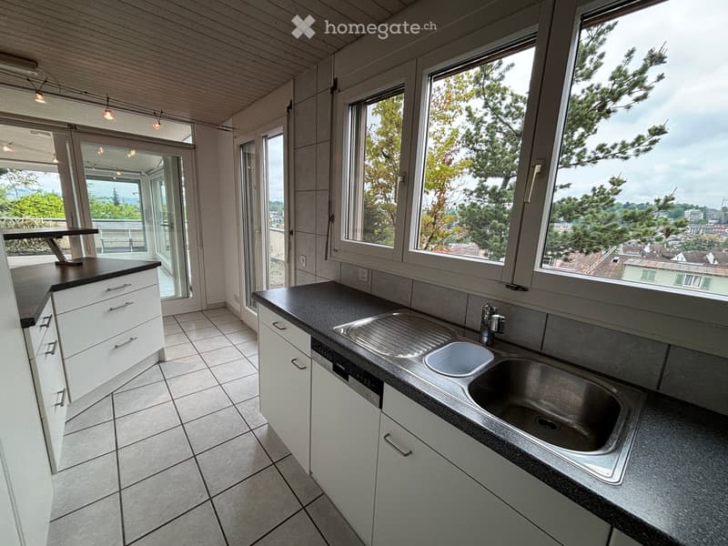 Modern kitchen with white cabinets, stainless steel sink, dishwasher, and large windows offering a scenic view.