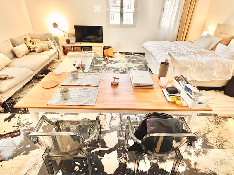 A modern, open-concept living and sleeping space with a sofa, coffee table, laptop, bed, television, and decorative items.
